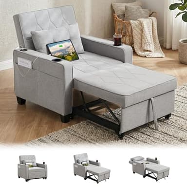 TYBOATLE Convertible Sleeper Chair Bed for Adults, 3-in-1 Pull Out Sofa Chair Bed with USB/Type-C Ports, Cup Holders, Side Pockets, Single Sofa for Living Room, Bedroom, Small Space (Gray)