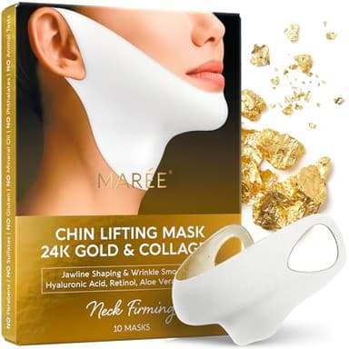 MAREE Chin Strap V Line Lifting Mask - 24K Gold Face & Neck Lift Tape Mask - Double Chin Strap for Sleeping - Neck Wrinkle Patches Reducer & Jawline Shaper for Firming, Tightening & Lifting - 10 PCS