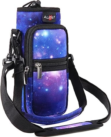 AUPET Water Bottle Sling Bag Sleeve Holder Carrier 25/32/40/64 oz,Insulated Crossbody Water Bottle Case Cover with Strap and Pockets for Men/Women Walking Hiking Camping (32oz, Purple Starry Sky)