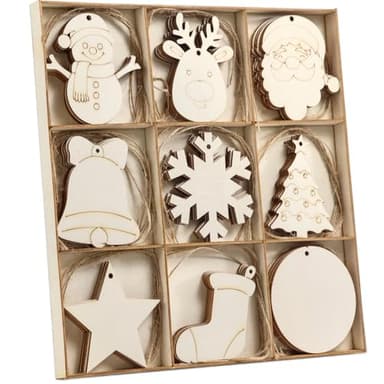 Wohohoho 45Pcs Unfinished Paintable Blank Wooden Christmas Ornaments with Tray, 9 Designs DIY Predrilled Wood Ornaments for Crafts. Christmas Tree Hanging Decorations Xmas Art Birthday Gift for Kids