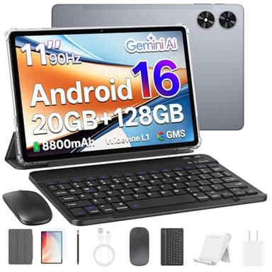 Android 16 Tablet with Keyboard, 11 Inch Tablet with Octa-Core & Gemini AI, 20GB RAM+128GB ROM (1TB Expandable), 13MP+8MP Dual Camera, 8800mAh, Wi-Fi 6, Widevine L1, 2-in-1 with Mouse & Stylus (Gray)