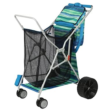 Beach Cart with Big Wheels for Sand, Collapsible All-Terrain Beach Wagon with Cooler Bag & Umbrella Holder, Large Mesh Storage, Supports 100lbs for Camping, Outdoor, Shopping, Dark Blue Stripes
