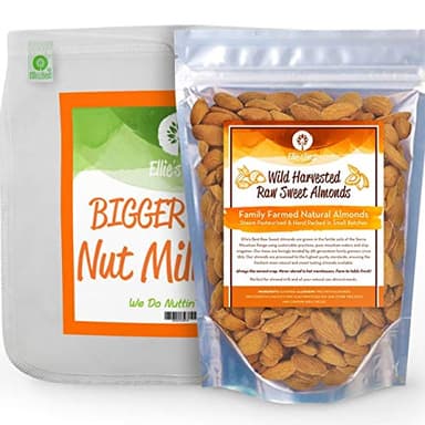 Pro Quality Nut Milk Bag & Raw Almonds - Kit includes Ellie's Best 12"X12" Reusable All Purpose Food Grade Nut Milk Bag Strainer & 1lb of Farm Fresh Wild Harvest Raw Almonds & Free Recipe Book