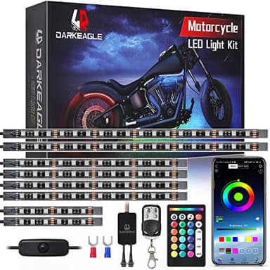 LD DARKEAGLE 8PCS Motorcycle RGB LED Light Kits with APP/RF Remote, Multicolor Underglow Lights with Brake Turn Signal, 12V Waterproof Dual Zone Strip for Sport Bike, Cruiser, Street & Dirt Motorcycle