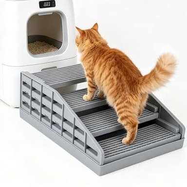 Adjustable Litter Box Ramp, Elevated Cat Ramp/Stairs with Filter Function, Litter Box Step for Small & Elderly Cats, Fits Automatic Litter Boxes (Light Grey)