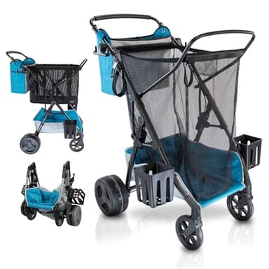 Strolee Large Wheeled Collapsible Beach Cart for Soft Sand, Shopping, Camping & Garden- Lightweight Aluminum Frame- Removable Storage Bag with Carrying Straps, X-L Capacity & Cooler Rack (Blue)
