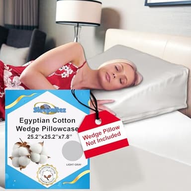 7" / 7.5" Wedge Pillow Case Cover Light Gray Luxurious 100% Egyptian Cotton. Loose Fitting for Wedge Pillows up to 25" x 25" x 7.75". Breathable, Durable Pillowcase with Zipper. Machine Washable