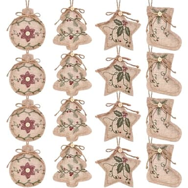 Jetec 12 Pieces Rustic Christmas Burlap Tree Ornaments Farmhouse Hanging Decorations Christmas Stocking Tree Ball Shaped Decor for Party