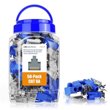 Cable Matters 50-Pack Cat6A RJ45 Shielded Modular Plugs with Strain Relief Boots, 50µ Gold Plated, Cat 6A Shielded RJ45 Connectors, Cat6a Connector