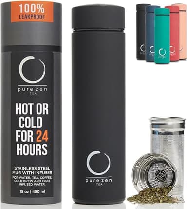 Pure Zen Tea Thermos with Infuser for Hot and Cold Infusions, Coffee and Fruit-Infused Water - Stainless Steel - Tea Infuser Bottle - Leakproof Travel Mug with Filter - 15oz - Black