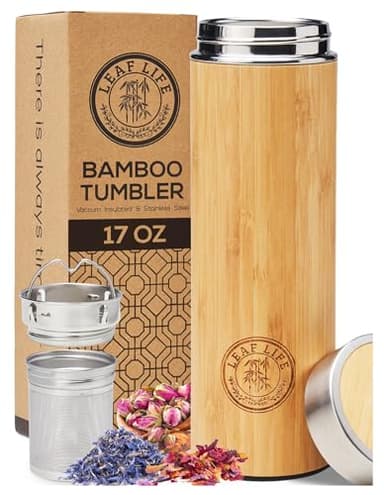 LeafLife Premium Bamboo Tea Bottle for Loose Tea - Tea Infuser Bottle - Tea Gifts - Insulated Water Bottle/Coffee Tumbler/Tea - Tea Gift Set, Tea Accessories - Tea Tumbler 17oz