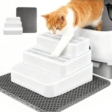 SummitGO Adjustable 3 Steps Litter Box Ramp with Litter Mat, Cat Litter Box Step with Litter Trapper, Detachable & Non-Slip Cat Stair for Automatic Boxes Small Elderly Cats