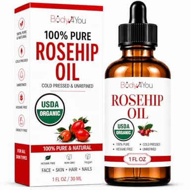 BodyJ4You Rosehip Oil for Face - 100% Pure Natural USDA Organic Cold Pressed - Hydrating Skin Hair Nails Anti-Aging Wrinkle Scar Treatment Gua Sha - Non-GMO Undiluted Carrier - Glass Bottle 1 Fl Oz