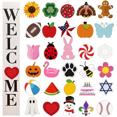 Yalikop Interchangeable Welcome Sign for Front Porch 47 x 7.9 Inch Wooden Porch Sign with 30 Interchangeable Designed Patterns for Home Farmhouse Halloween Christmas Thanksgiving Decor(White)