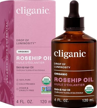 Cliganic Organic Rosehip Seed Oil for Face, 100% Pure | Natural Cold Pressed Unrefined Non-GMO | Carrier Oil for Skin, Hair & Nails (Packaging May Vary)
