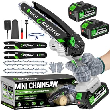 Mini Chainsaw Cordless 8 Inch with 2x 4000mAh Batteries, Portable Electric Chain Saw, Automatic Oiler, Battery Powered Small Handheld Saw, Security Lock Trees Branches Trimming, Wood Cutting, 2025