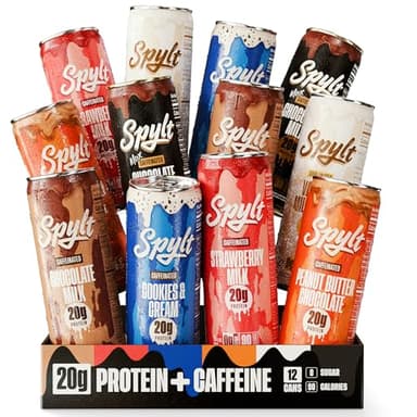 Spylt High Protein Milk - 6 Flavor Variety Pack with 60mg Caffeine & 20g Protein - 90 Calories, Ready to Drink, Sugar Free, Lactose Free Milk, Perfect for Workout Recovery & Afternoon Pick Me Up - 12 Count