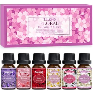 SALKING Floral Essential Oils Set, Premium Pure and Natural Essential Oils, Fragrance Oil Scented Oils for Oil Diffusers 6 x 10 ML - Lavender, Rose, Jasmine, Cherry Blossom, Gardenia, Chamomile