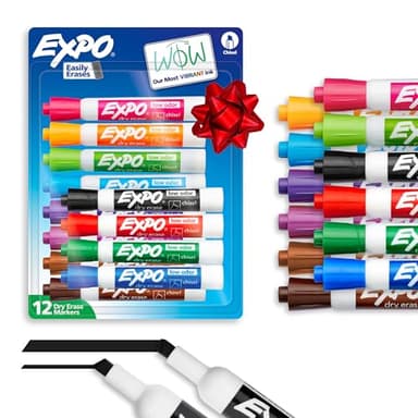 EXPO Dry Erase Markers, Low Odor Ink, Assorted Colors, Chisel Tip, 12 Count - Easily Erases, Vibrant Ink, Ideal for Classroom, Back to School Supplies, Teachers, Office, Whiteboard & Home