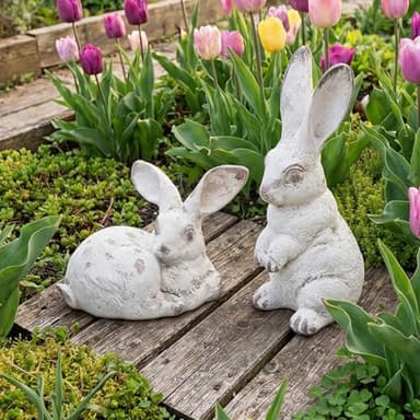 YimiBloss Easter Bunny Decorations Set of 2, Distressed White Resin Rabbit Figurines, Spring Home Decor for Outdoor, Yard, Garden, Table,Farmhouse & Rustic Bunny Statues Decor Gifts (Small)
