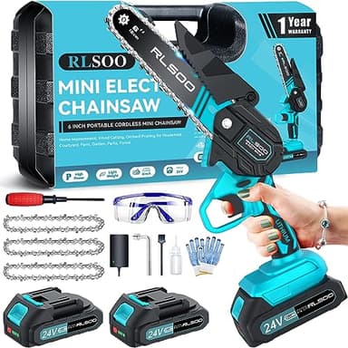 Mini Chainsaw Cordless, 6 Inch Battery Powered Electric Chain Saw, Portable Handheld Small Tree Trimmer for Wood Cutting, Courtyard, Household, and Garden (Includes 2 Batteries and 3 Chains)