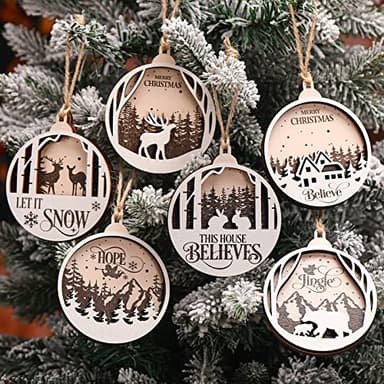 Jetec 6 Pcs Wooden Christmas Ornaments Hollow Farmhouse Decor,Round Style