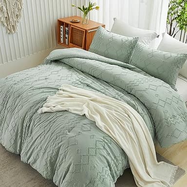 Andency Sage Green Tufted Comforter Set Queen(90x90Inch), 3 Pieces(1 Tufts Comforter, 2 Pillowcases) Boho Textured Farmhouse Bed, Down Alternative Geometric Bedding Set