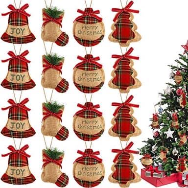 WILLBOND 16 Pcs Burlap Christmas Ornaments, Red Buffalo Plaid Farmhouse
