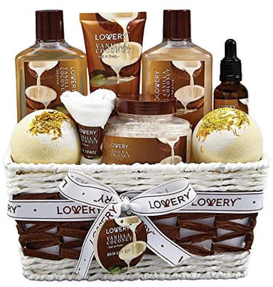 Gifts For Women Gift Basket for Women– Mothers Day Gifts for Mom, 9 Piece Set of Vanilla Coconut Home Spa Set, Luxurious Bath and Body Set, Includes Fragrant Lotions, Large Bath Bombs, Coconut Oil